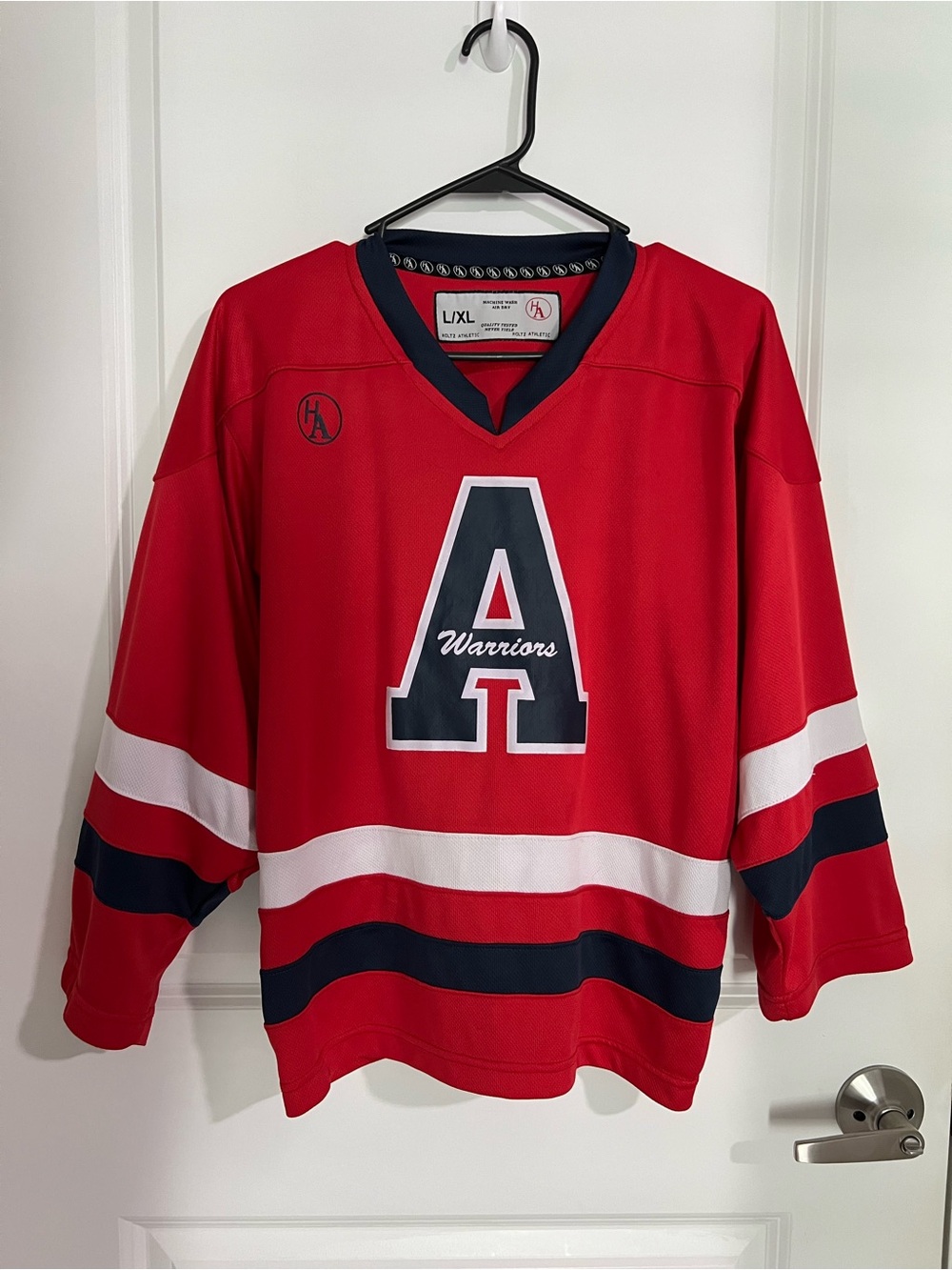 Warriors Red Hockey Jersey with Navy & White Accents by